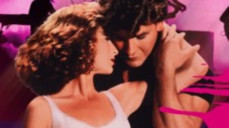 Two main characters holding eachother in front of a pink background mid dance.