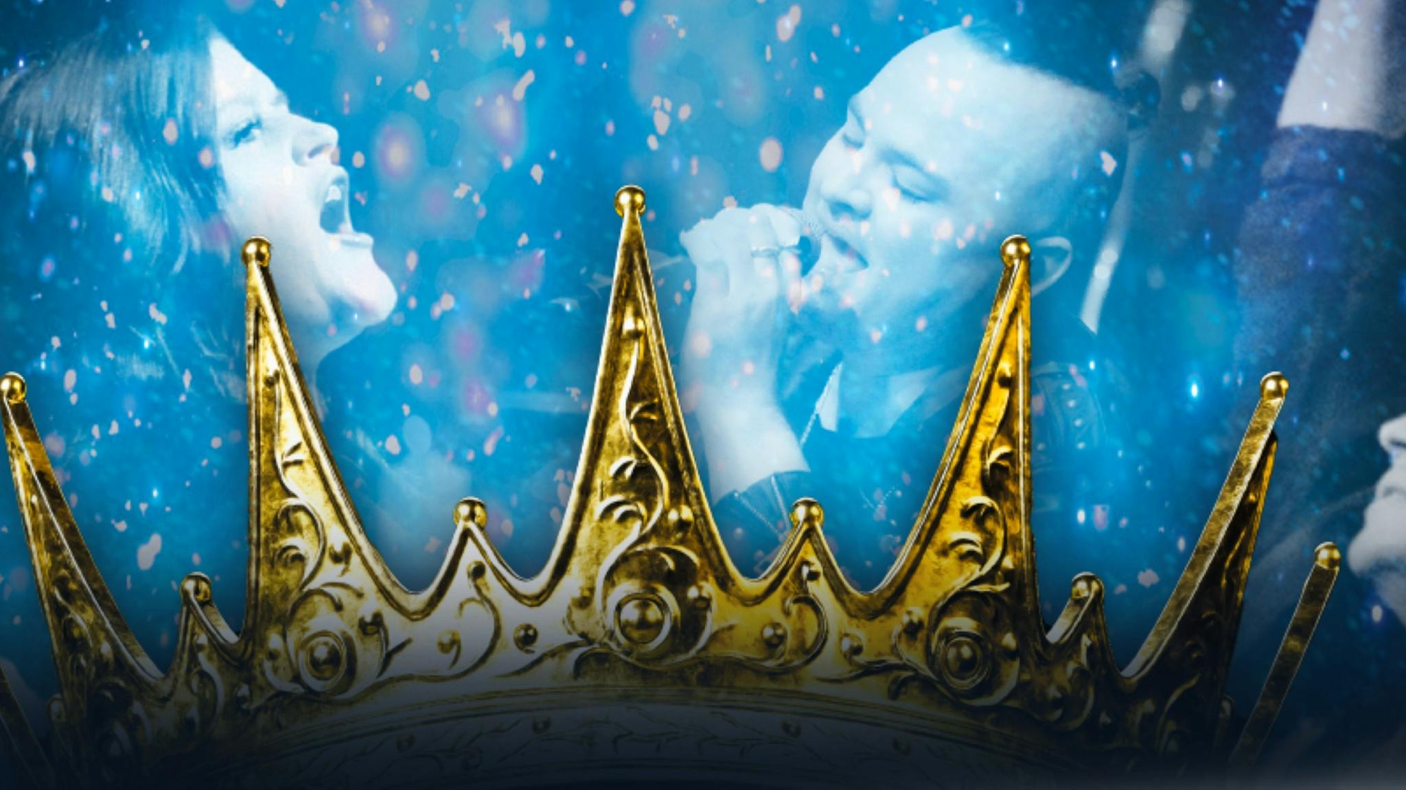A golden crown in front of a man and a woman singing with a blue coloured light on them