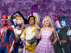 Photo of 5 cosplayers in their costumes behind a purple background of the exhibition hall