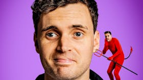 Photo of Luke Kidgell with a purple background and a devil version of himself on his shoulder