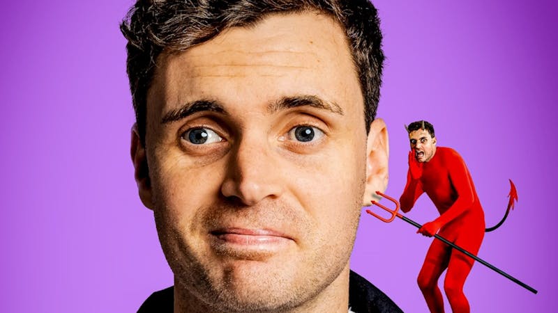 Photo of Luke Kidgell with a purple background and a devil version of himself on his shoulder