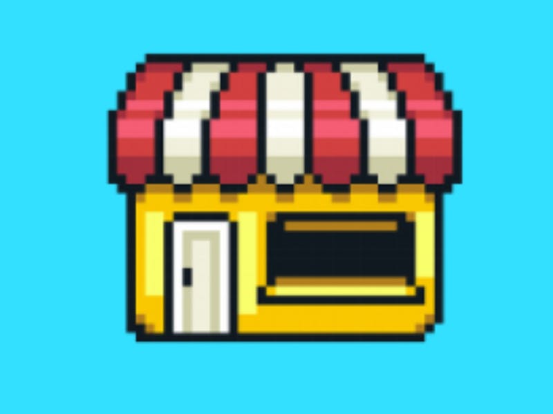 Animated picture of a shop front behind a blue background with a red and white roof.