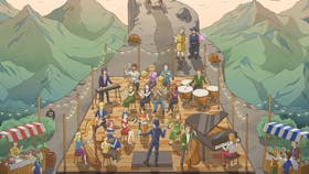 A cartoon orchestra playing on a cliff that is overlooking mountains  to other cartoon people