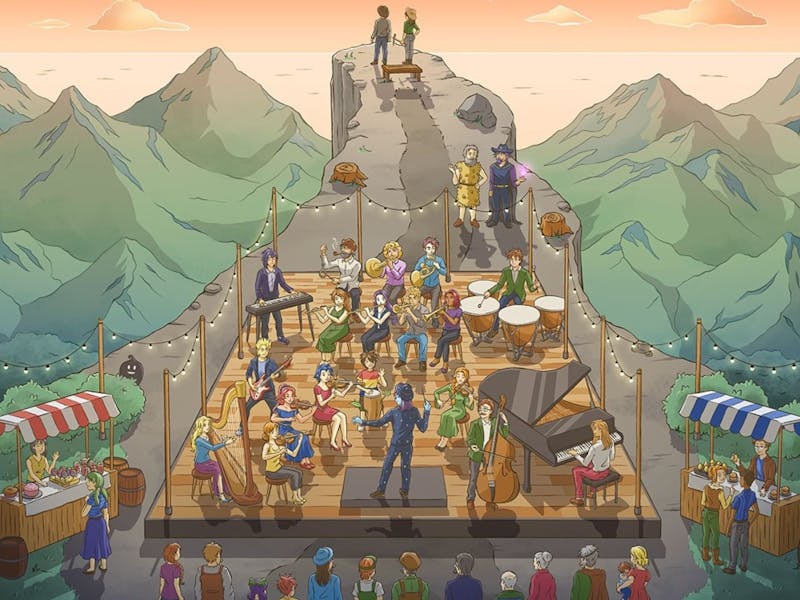 A cartoon orchestra playing on a cliff that is overlooking mountains  to other cartoon people