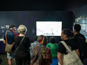 Exhibition visitors in front of a digital story