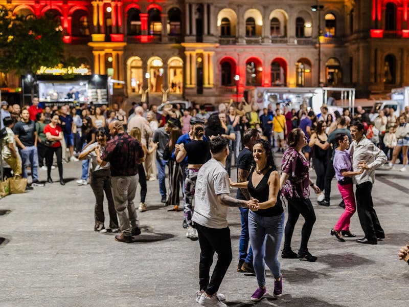 Locals dancing in Reddacliff Place