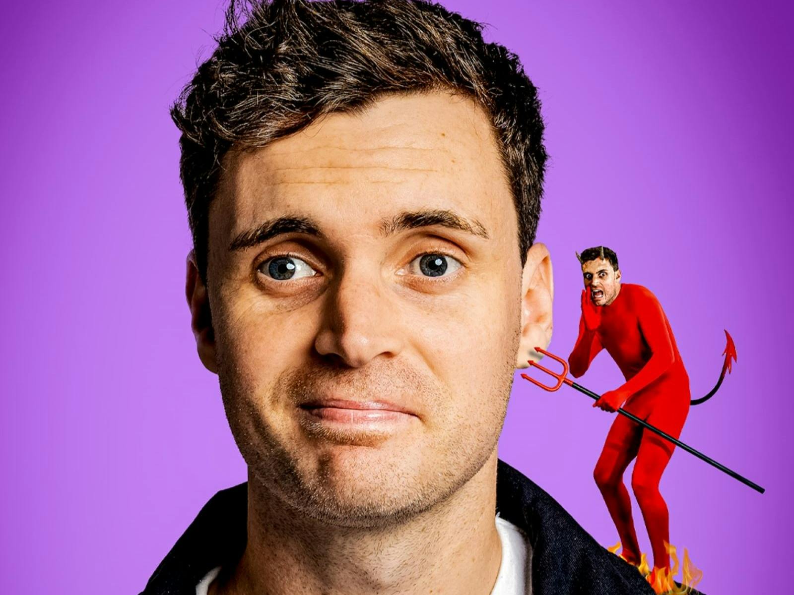 Photo of Luke Kidgell with a purple background and a devil version of himself on his shoulder