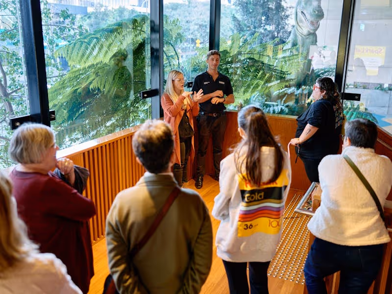 An Auslan interpreter and museum guide lead a tour