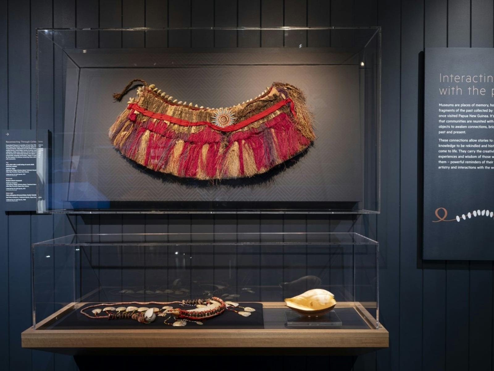 A dark gallery space with illuminated showcases displaying a grass skirt, shell and chest ornament