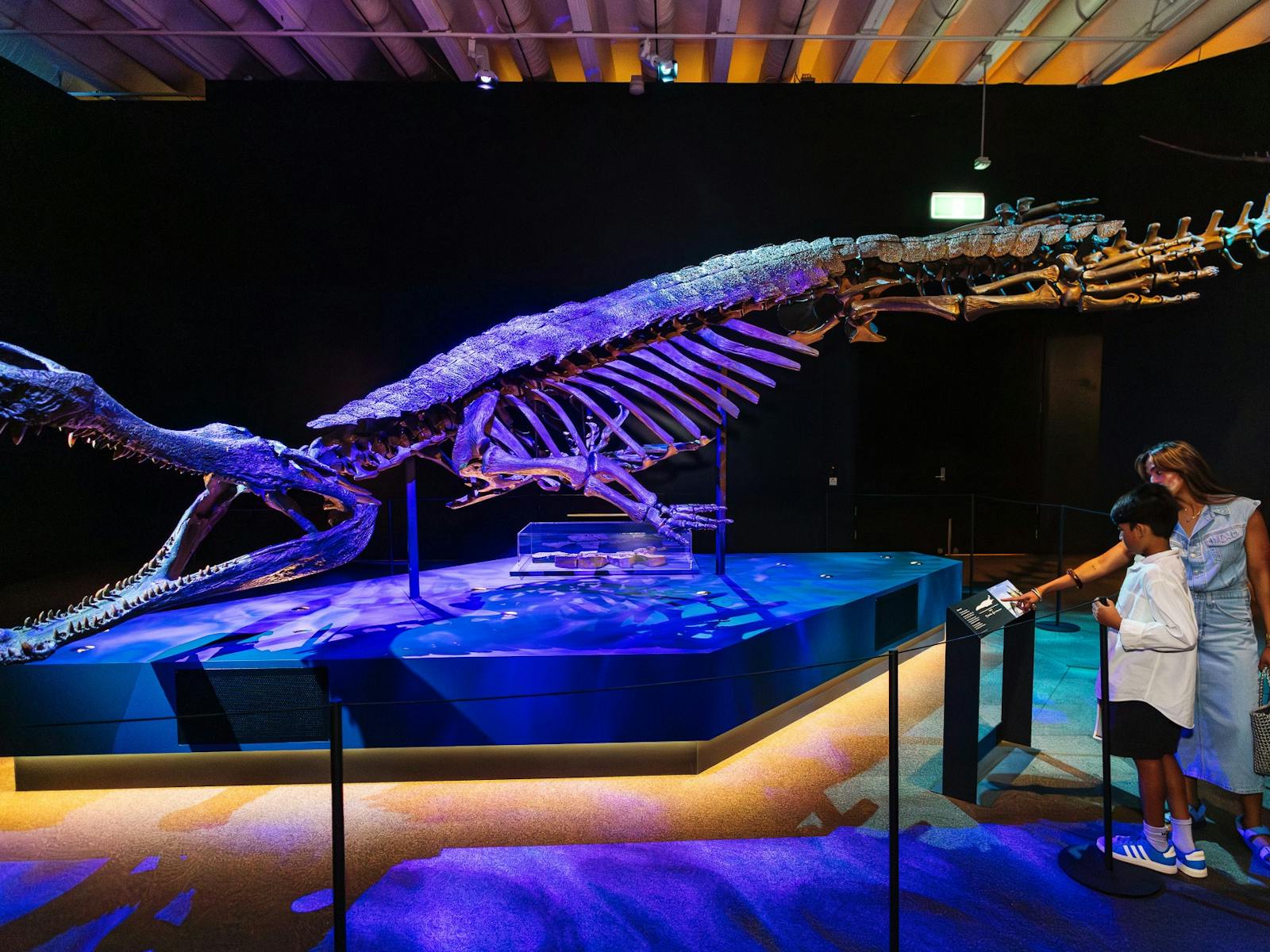 A family of two in front of a large illuminated super croc model