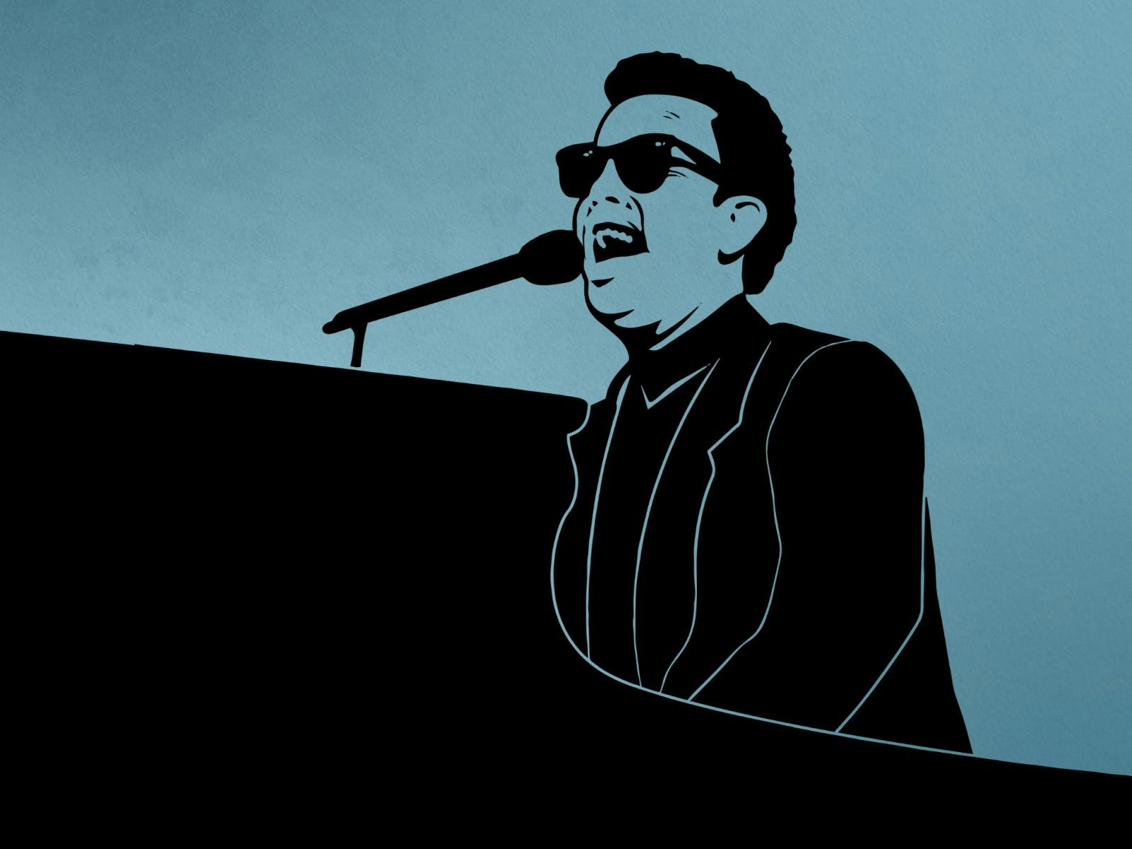 A graphic depiction of Billy Joel singing and playing the piano