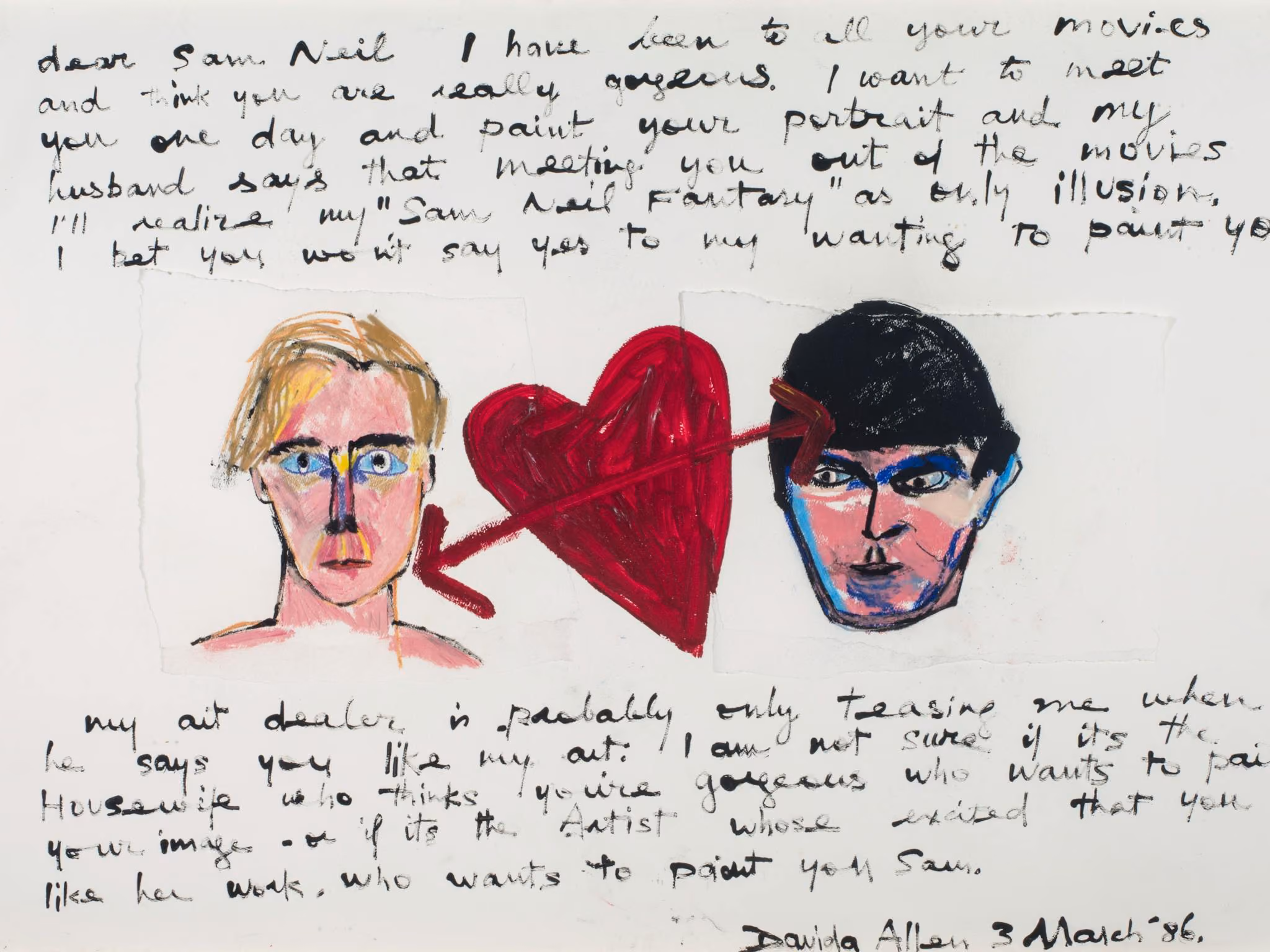Davida Allen and Sam Neill with a painted red heart and arrows between them.