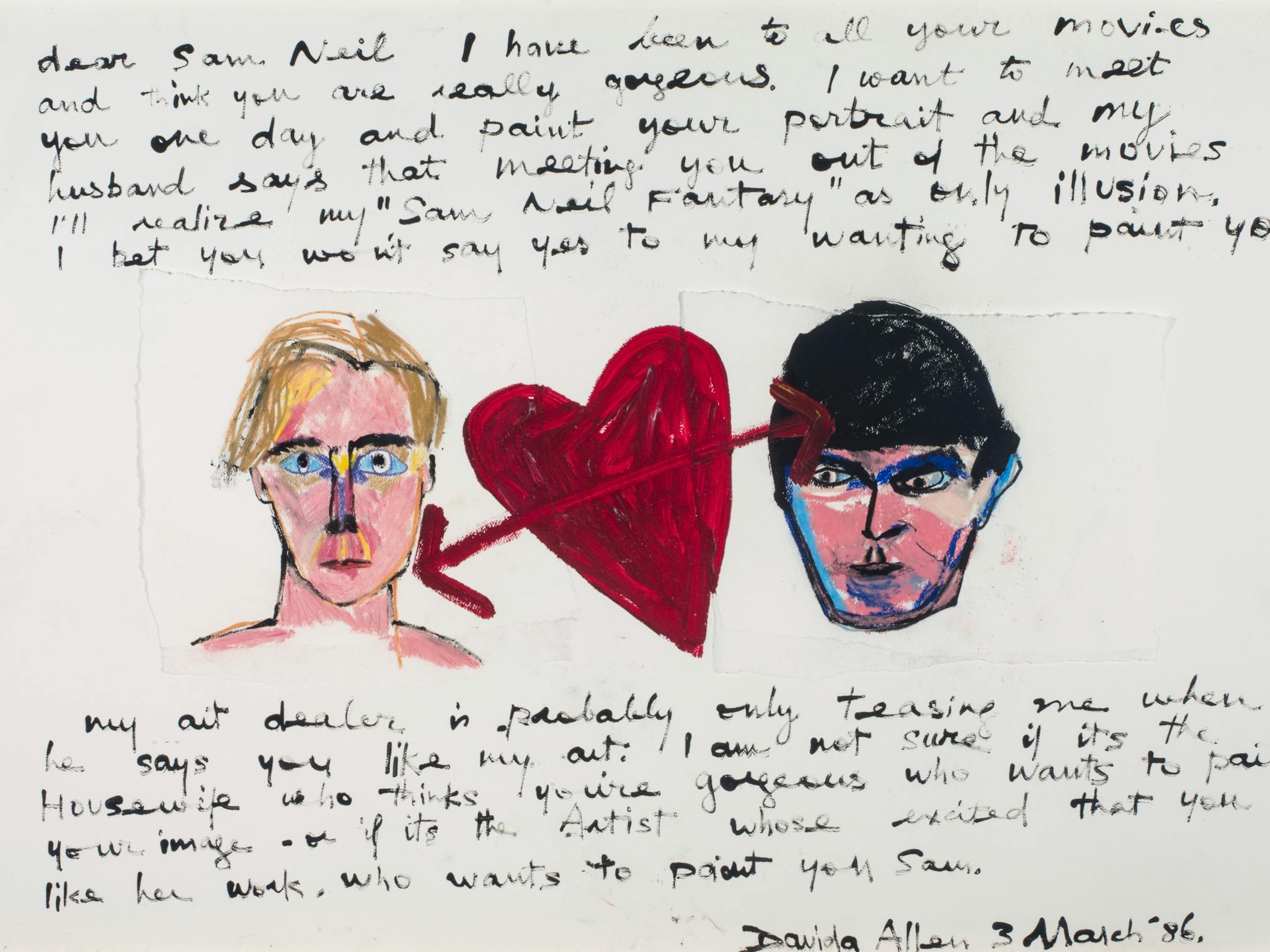 Davida Allen and Sam Neill with a painted red heart and arrows between them.