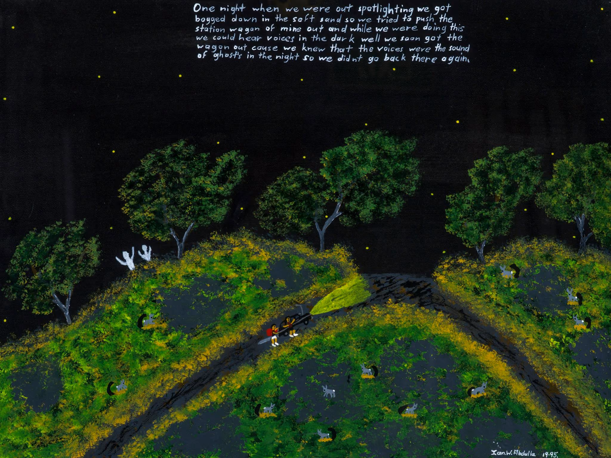 A painting of a green hill covered in trees with the night sky. 4 people are walking over the hill.