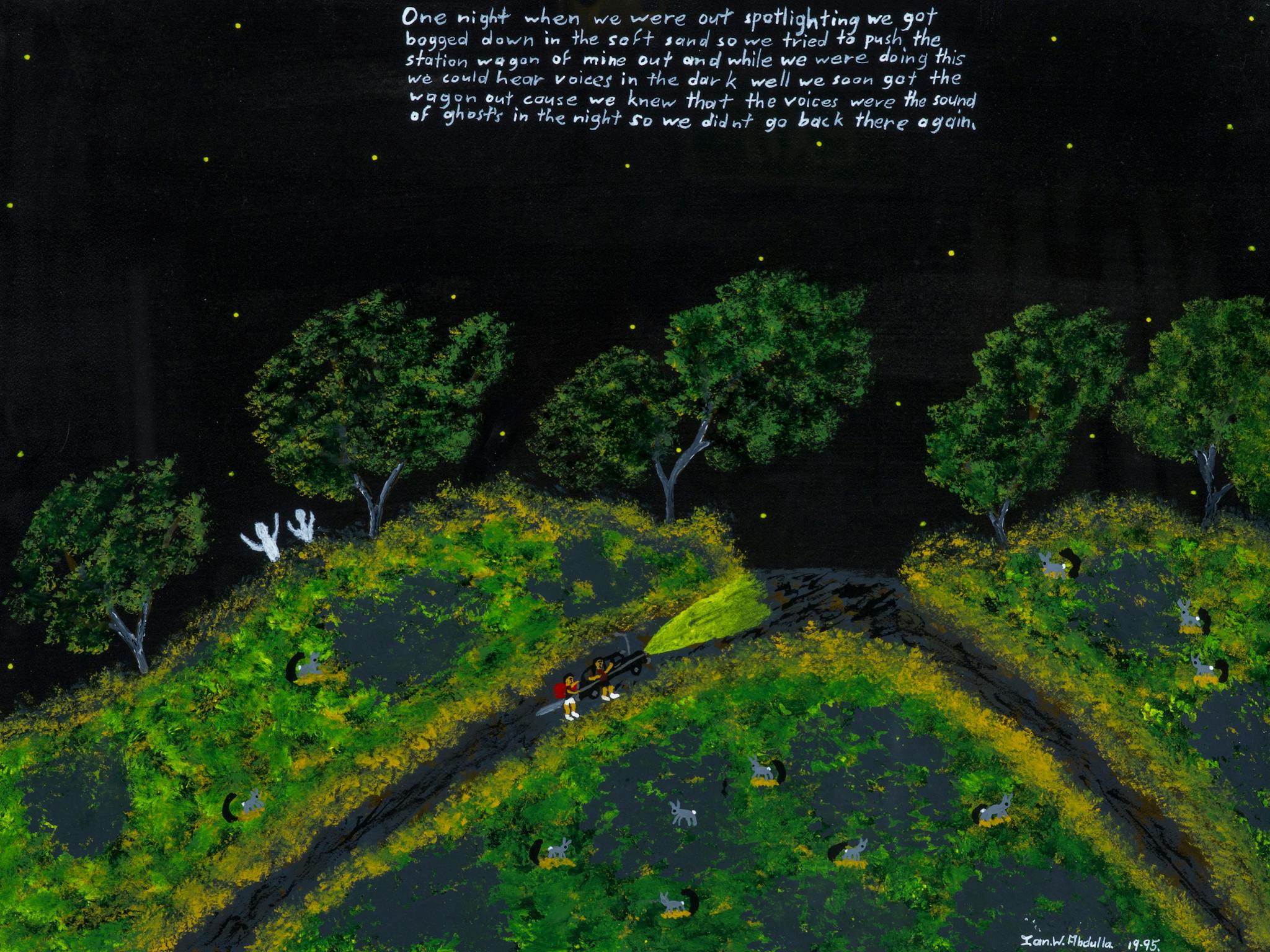 A painting of a green hill covered in trees with the night sky. 4 people are walking over the hill.