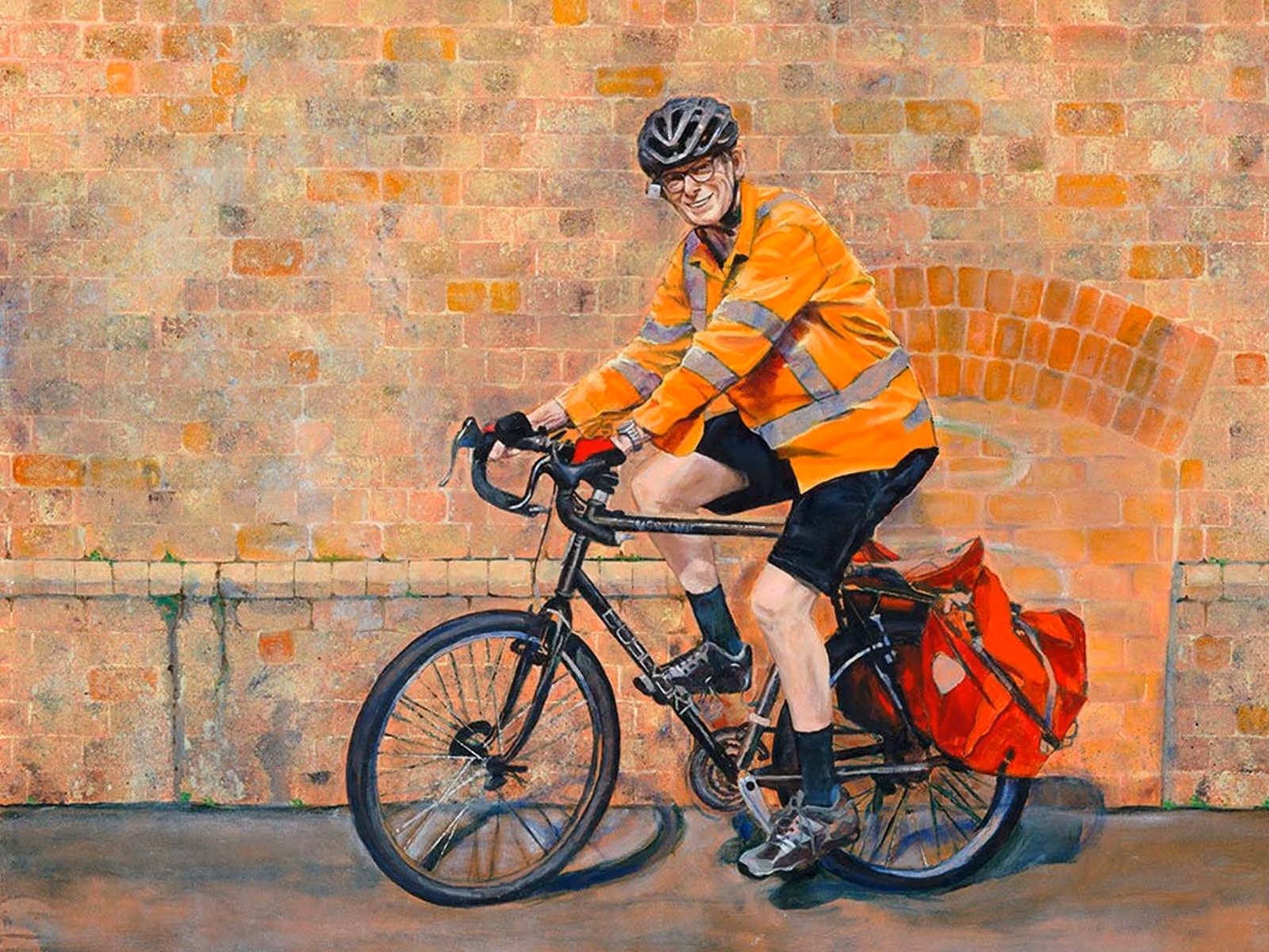 Painting of man in orange fluro jacket on bike against brick wall