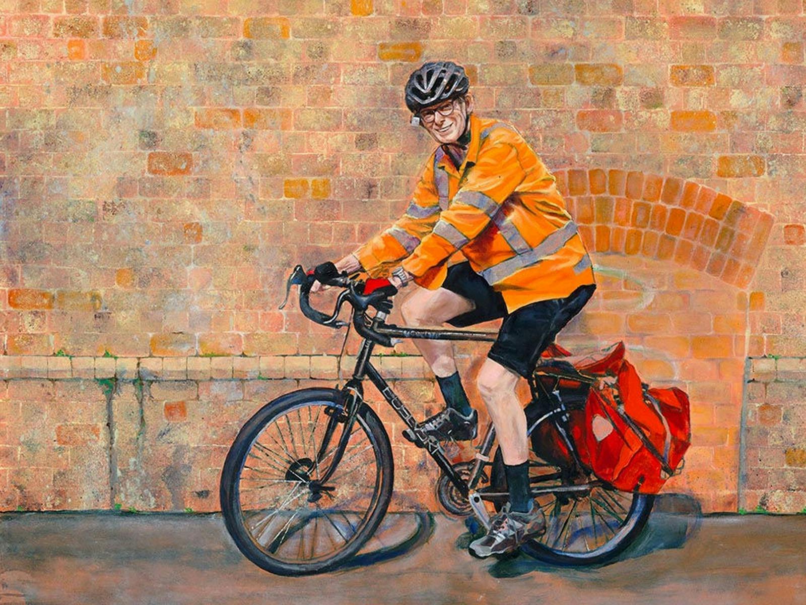 Painting of man in orange fluro jacket on bike against brick wall