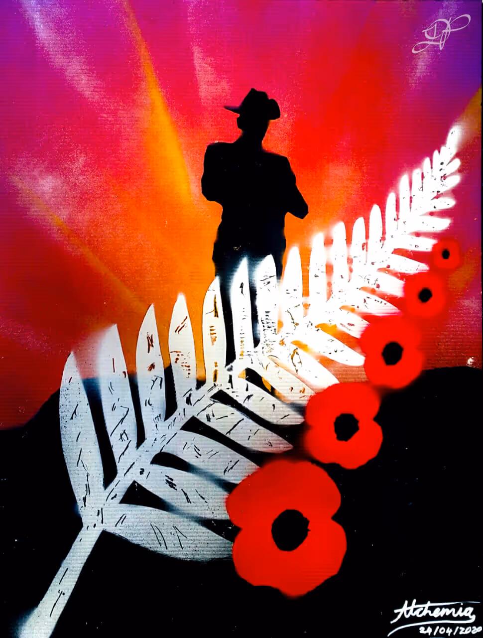 spray art of a kiwi soldier silhouette with a large white fern and poppies