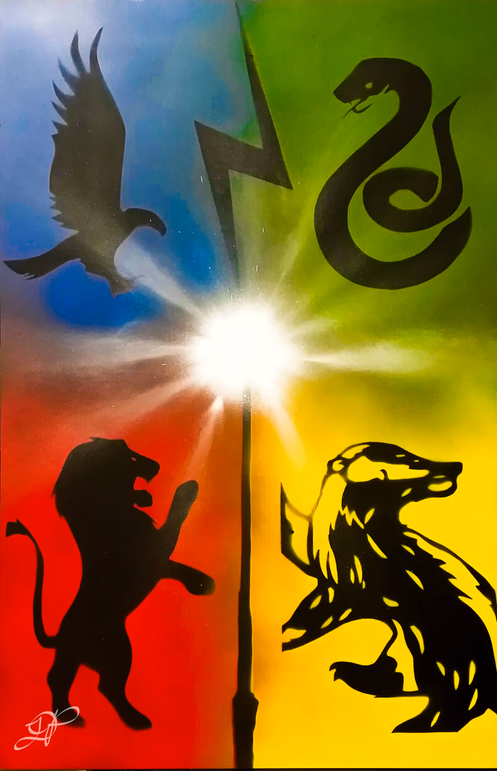spray art of 4 animals with the main 4 colours of red, blue, green and yellow behind each
