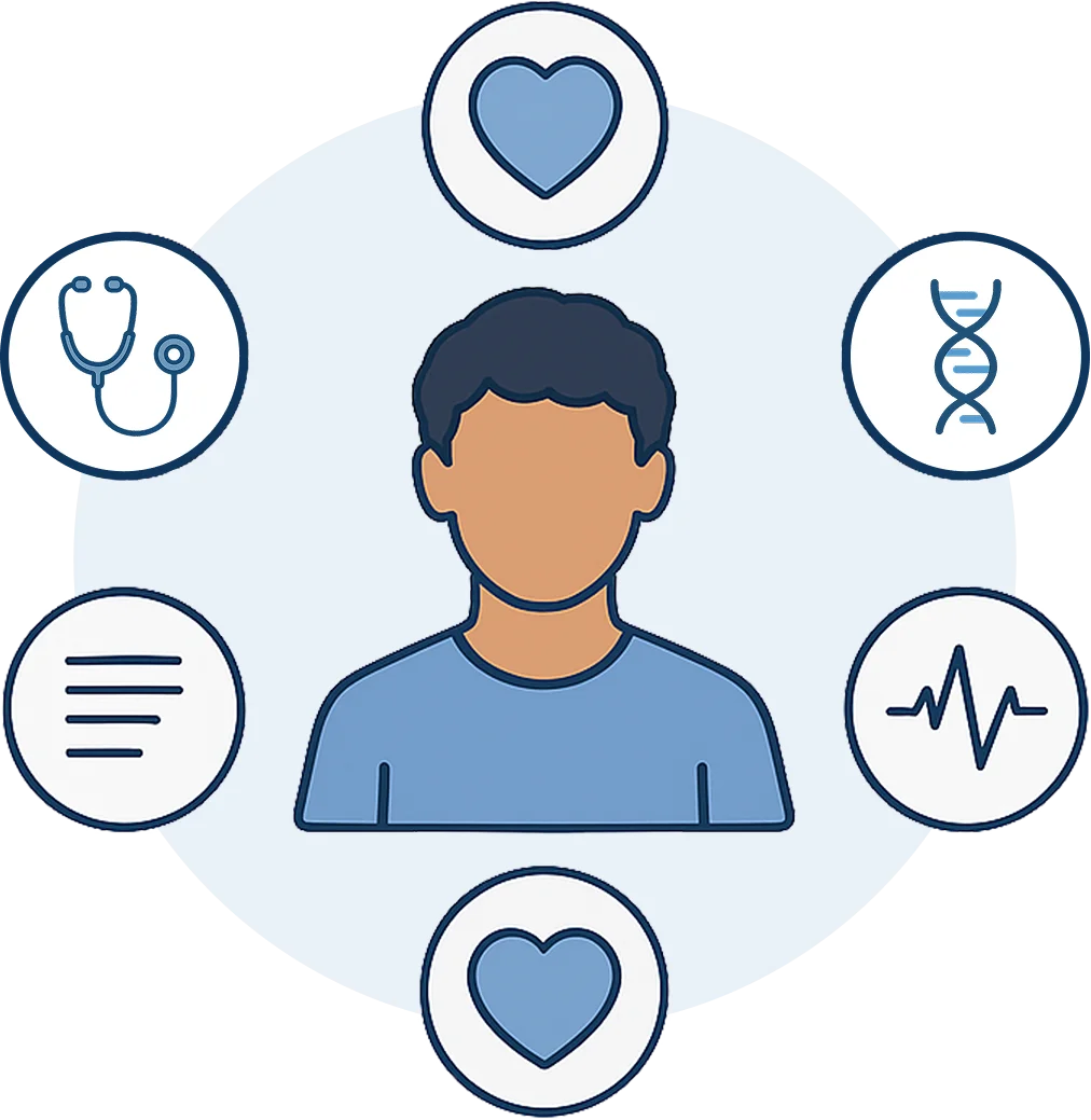 A blue circle with a heart and a medical symbol in it.