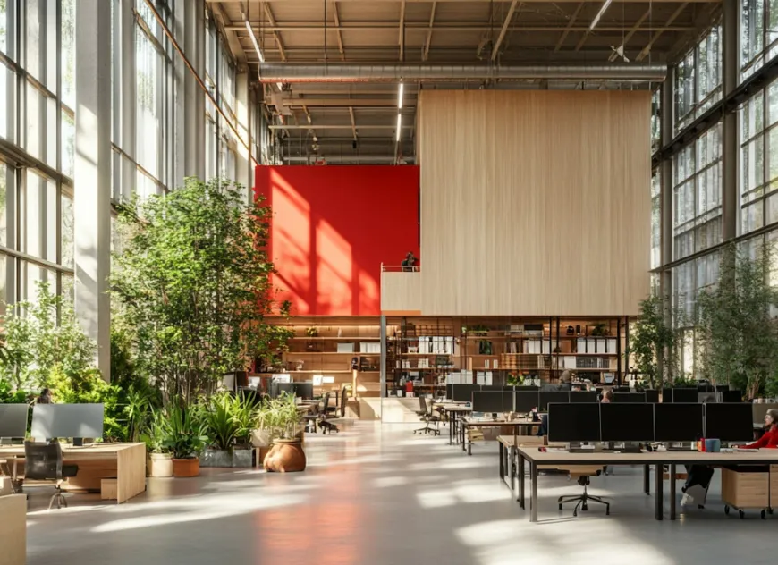 A modern, open-concept workspace filled with natural light and greenery, reflecting the clean and organized design of Nimbus Library.