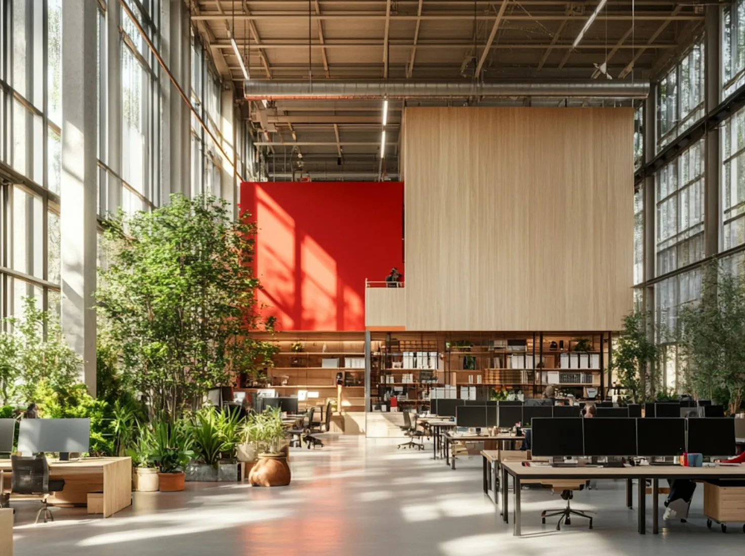 A modern, open-concept workspace filled with natural light and greenery, reflecting the clean and organized design of Nimbus Library.