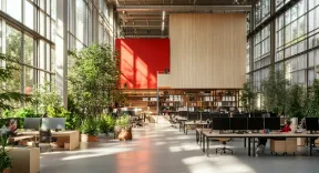 A modern, open-concept workspace filled with natural light and greenery, reflecting the clean and organized design of Nimbus Library.