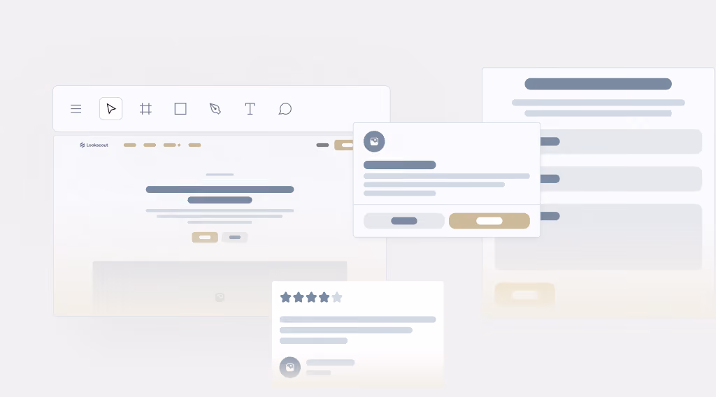 Low-fidelity wireframes of a landing page, form, card and testimonial