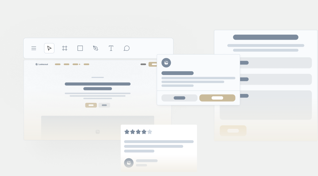 Low-fidelity wireframes of a landing page, form, card and testimonial