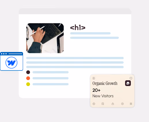 Website mockup with an h1, hero image, Webflow logo and an Organic Growth card