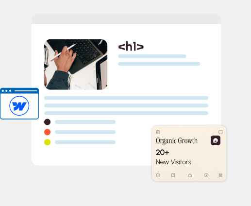 Website mockup with an h1, hero image, Webflow logo and an Organic Growth card