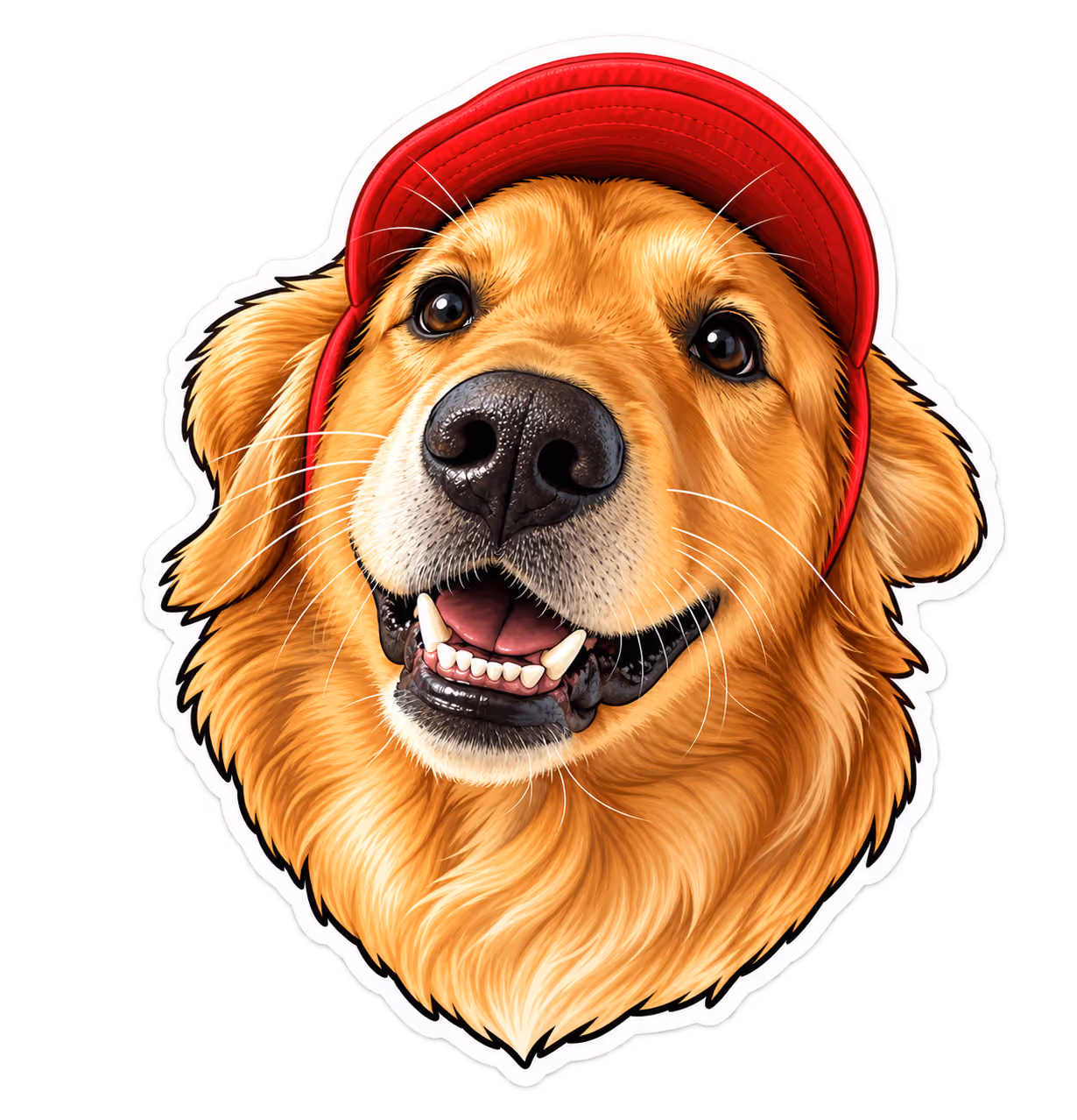 Juni, Groie's golden retriever Chief Happiness Officer, wearing a red cap