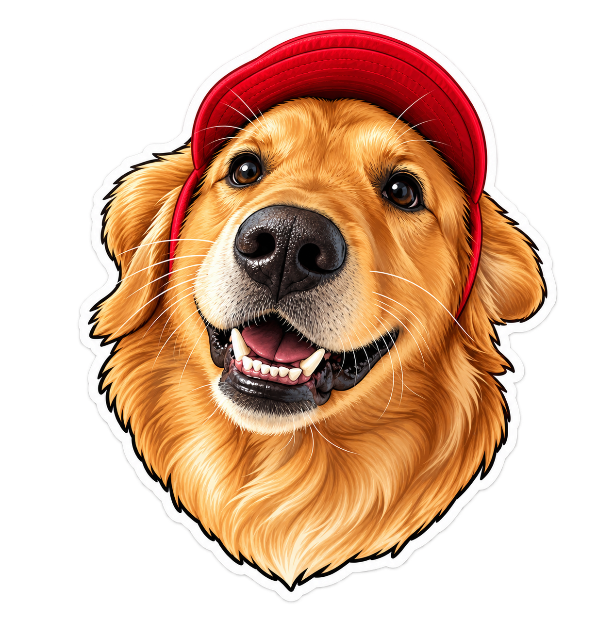 Juni, Groie's golden retriever Chief Happiness Officer, wearing a red cap