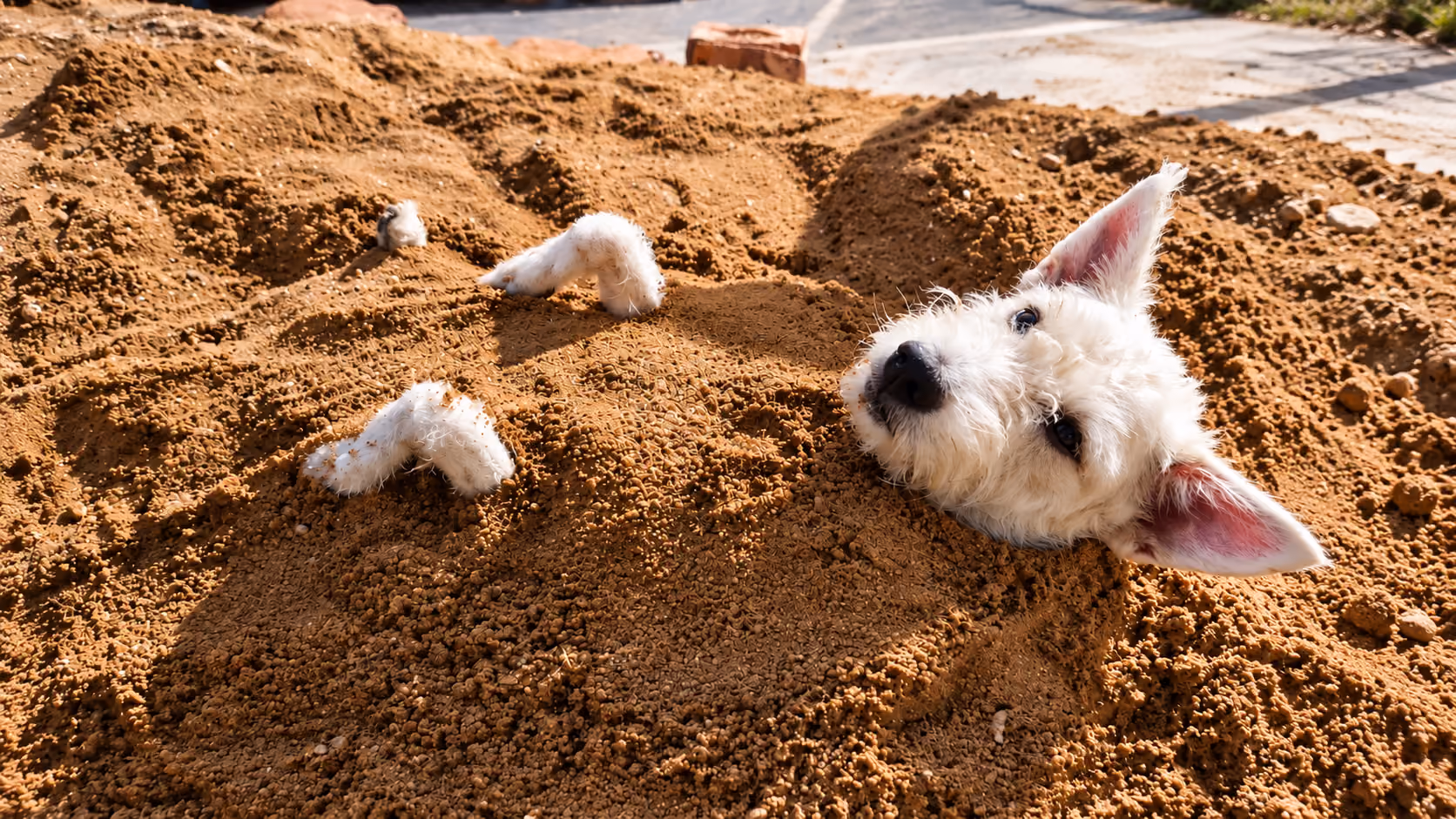 A white terrier buried in sand
