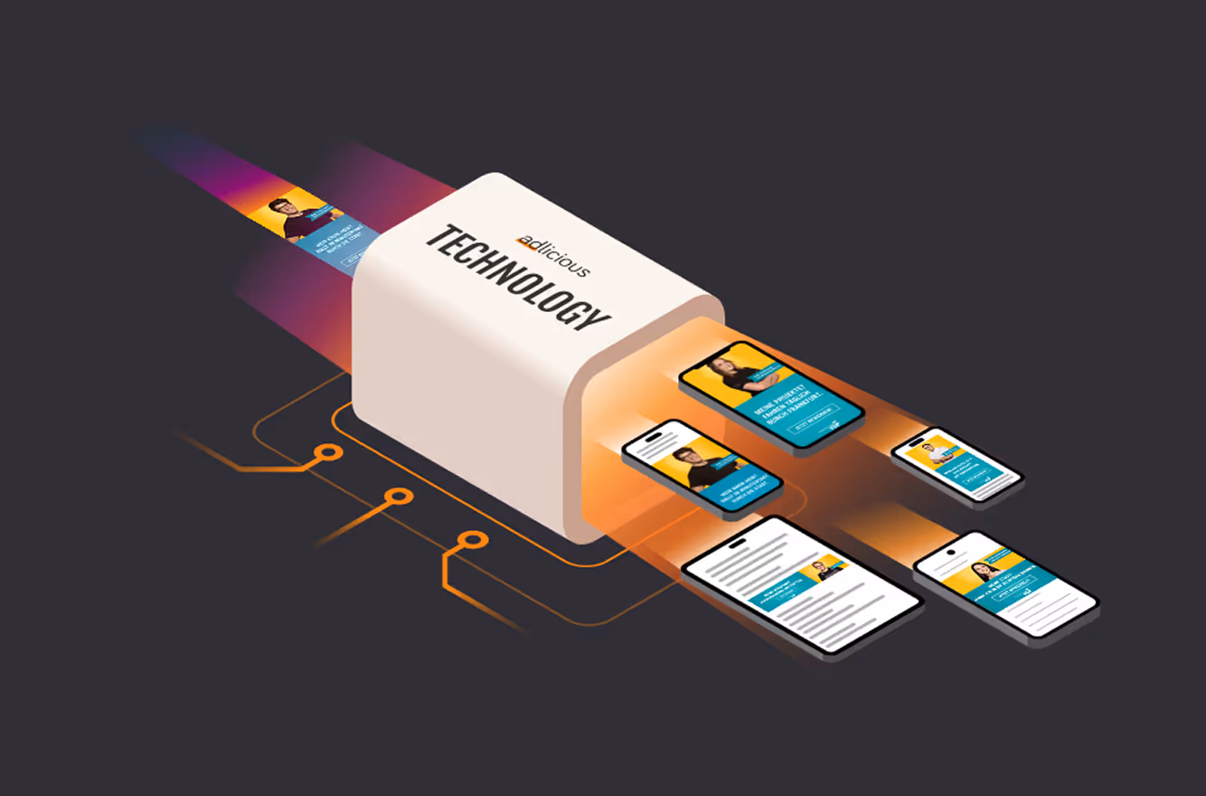 An isometric illustration shows a single digital profile entering a white box labeled "adlicious TECHNOLOGY" and emerging as multiple variations displayed on various smartphone screens, symbolizing automated content scalability.