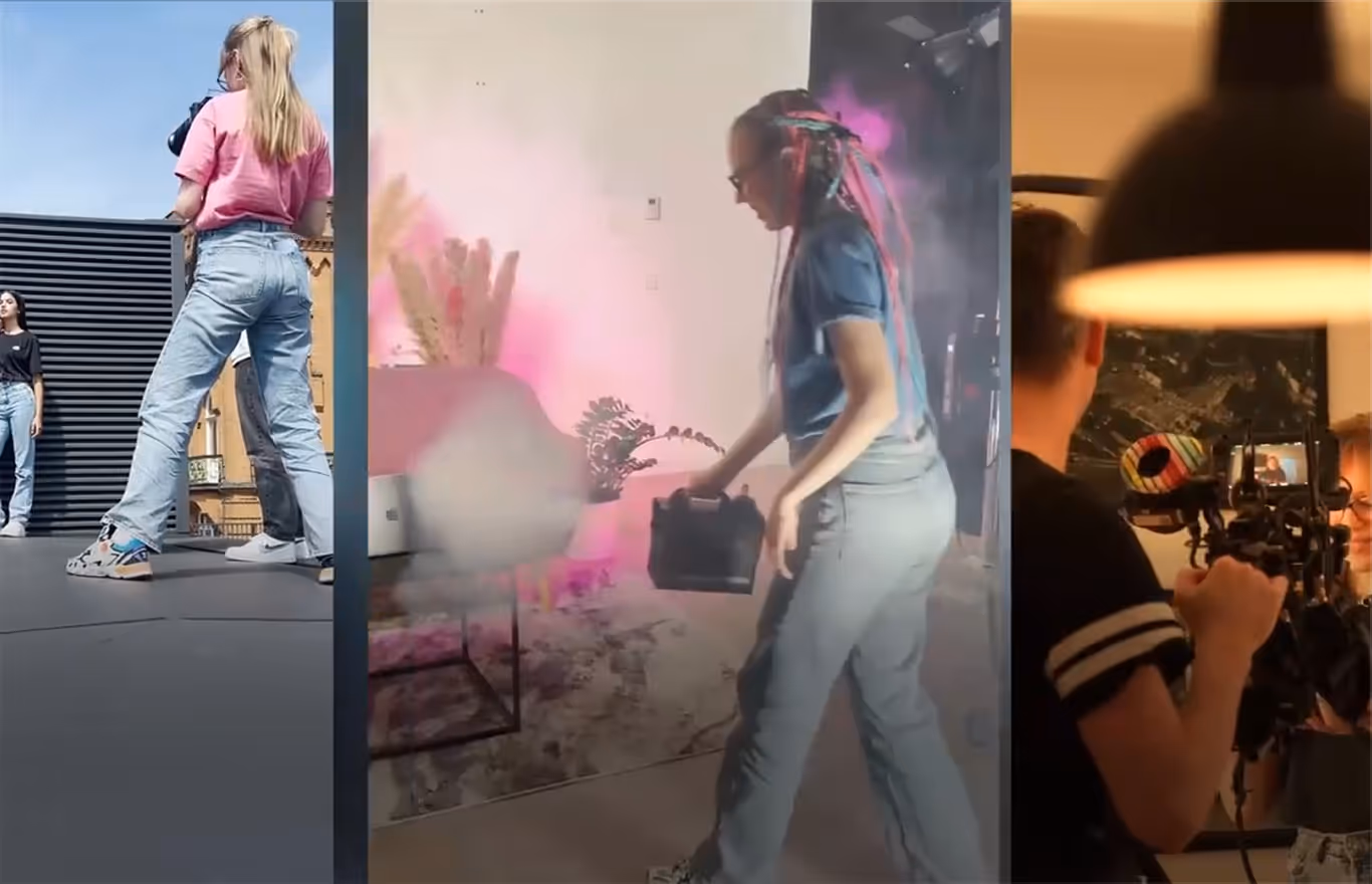 A triptych collage shows various behind-the-scenes glimpses of a film or photo production, featuring crew members and equipment in different studio settings.
