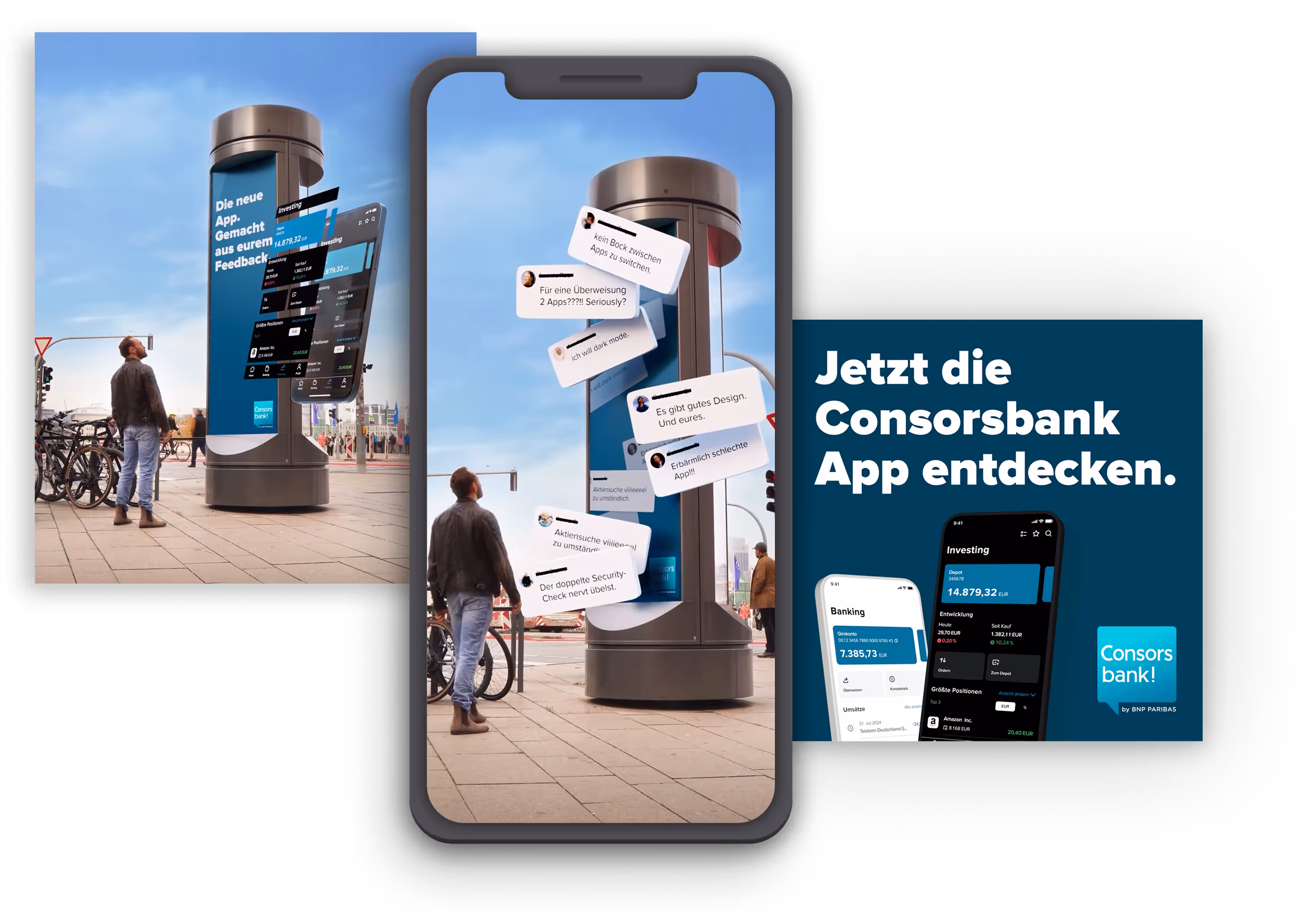 Consorsbank case study images, FOOH device, and view on a mobile device.