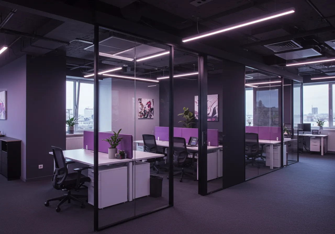 Modern office space with glass partitions and ambient lighting

