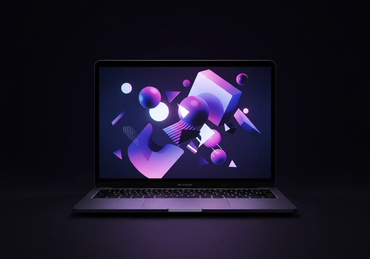Futuristic laptop mockup in purple digital environment