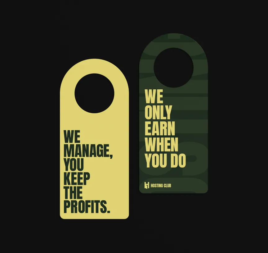 Hosting Club bento-style graphic: “We only earn when you keep profits”