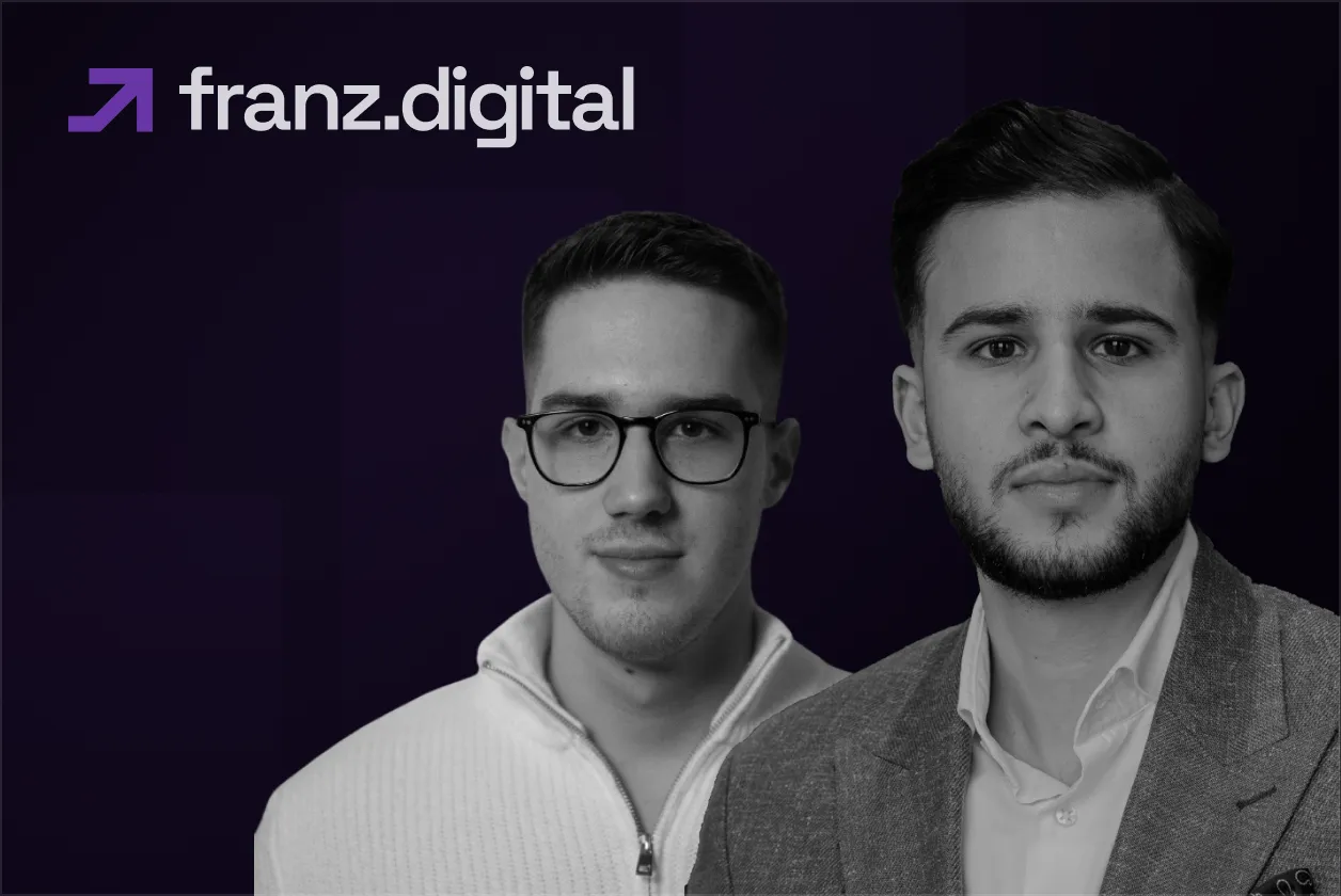Franz Digital founders profile with branding showcase collage