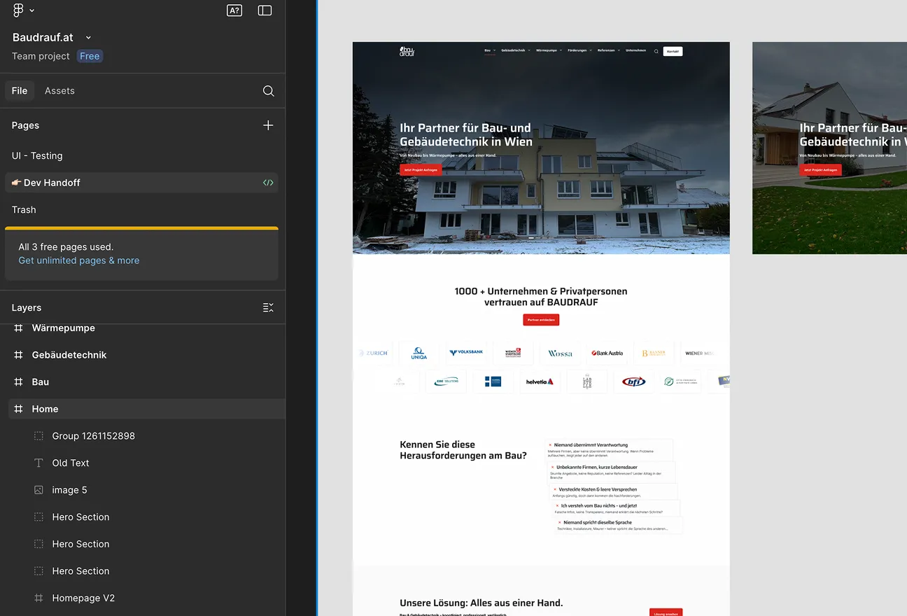 Franz Digital backend CMS and frontend preview for a construction website
