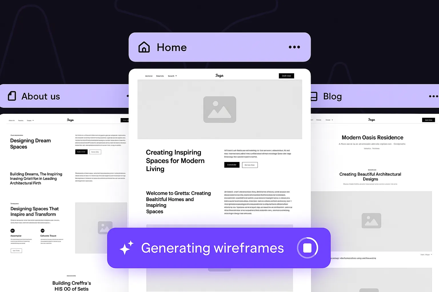 Wireframe interface with purple label "Generating wireframes"
