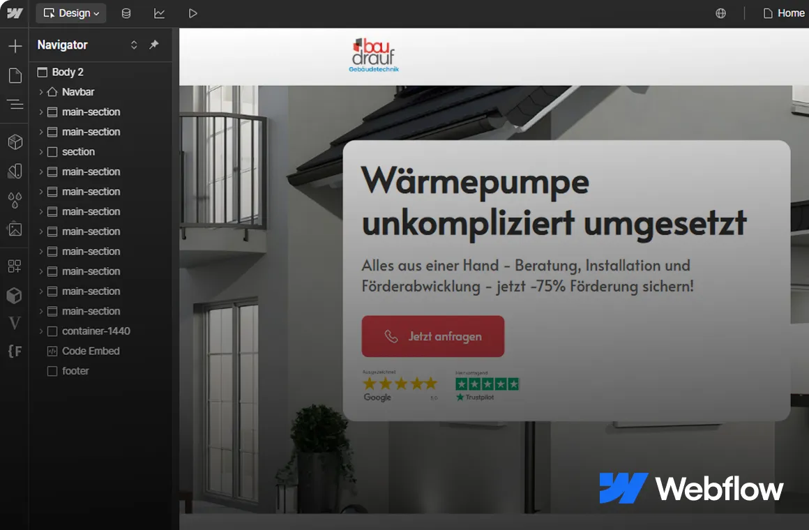Webflow-built site preview showing a landing page for a heat pump project