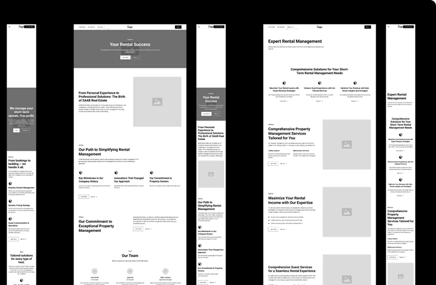 Website wireframe layout mockups in grayscale stacked vertically