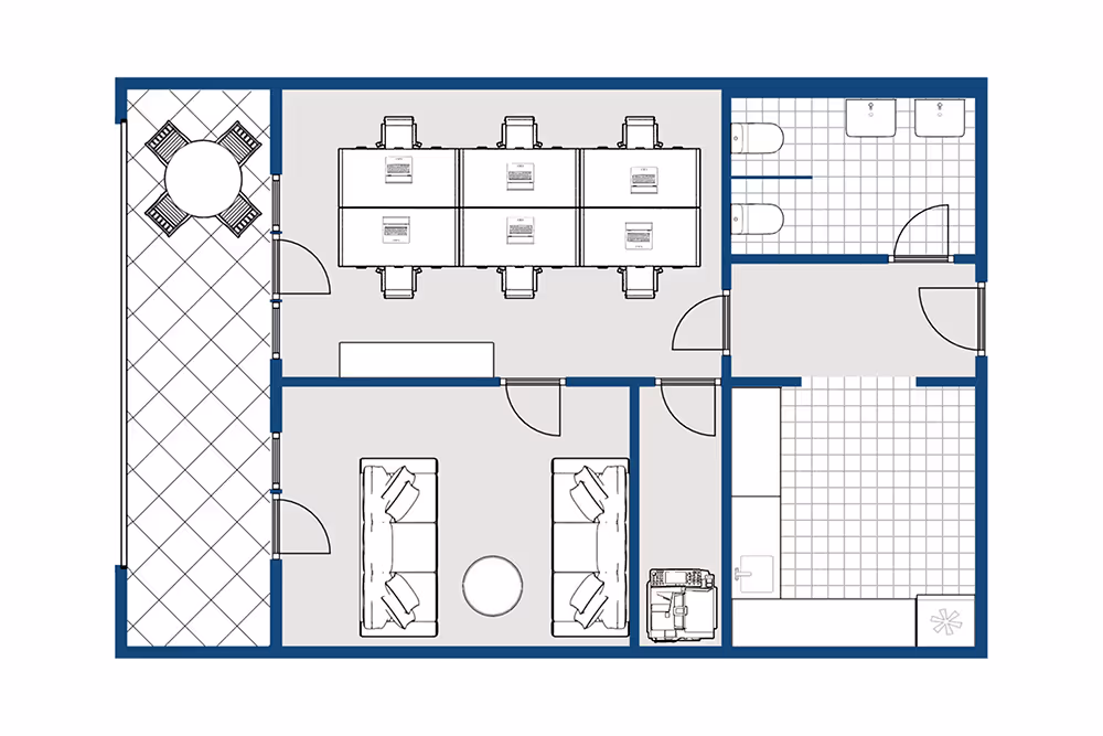 Coloured floor plan of an office