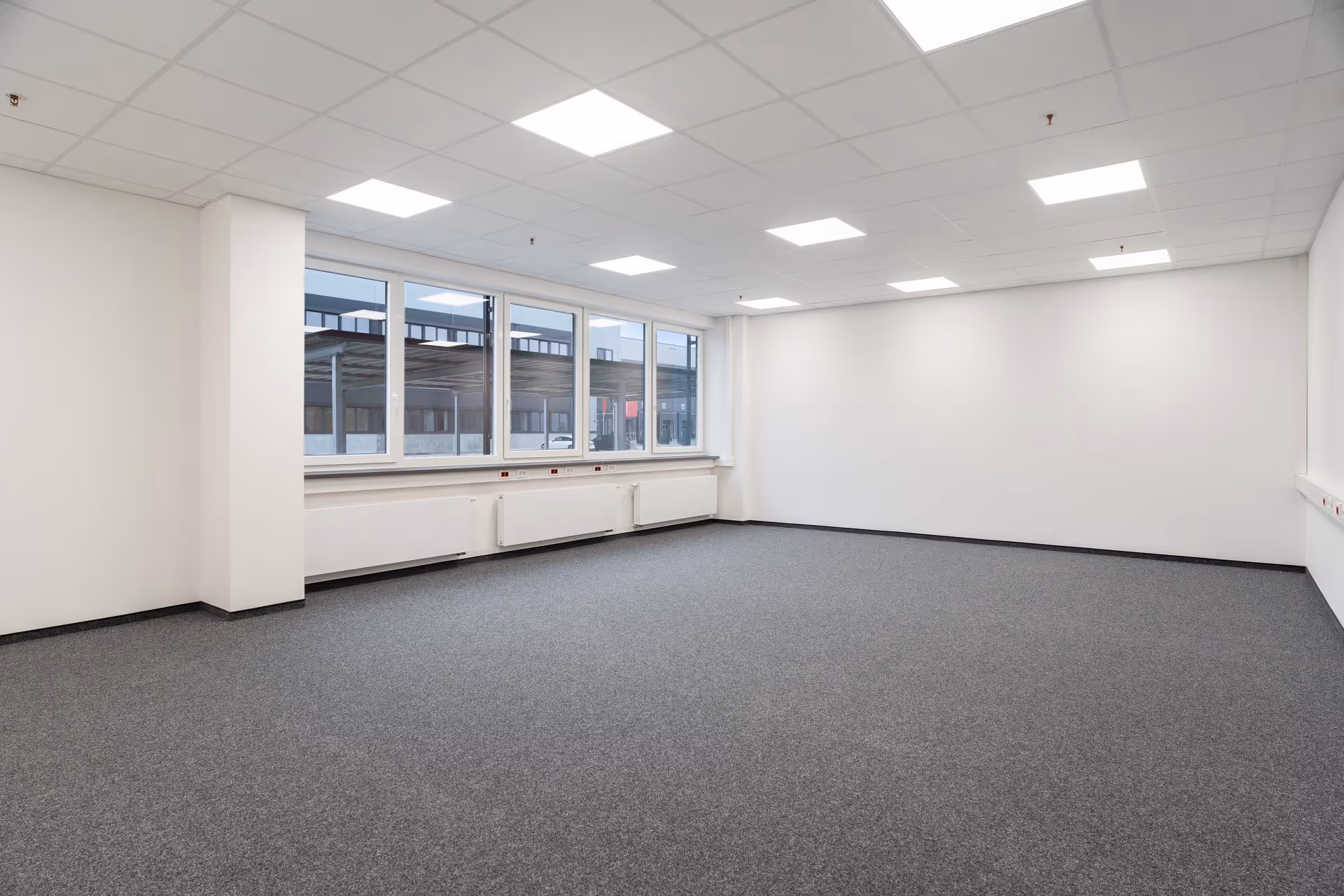 Empty office space with windows and carpet