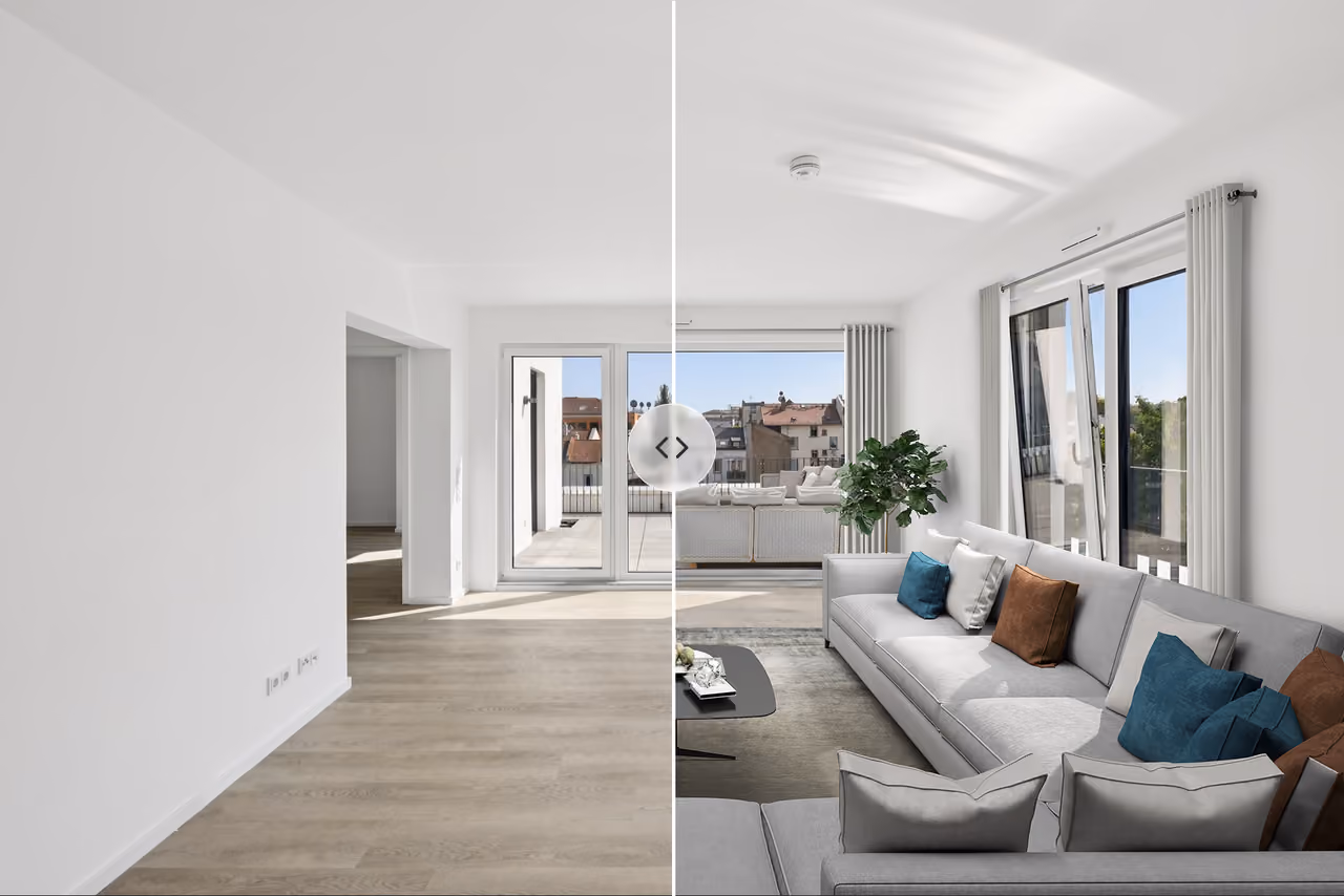 Split view of empty room on left and furnished living room with sofa and pillows on right.