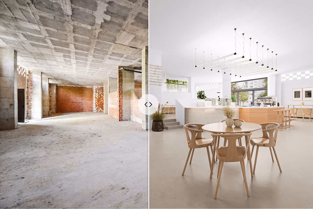 Split image showing empty unfinished concrete room left and bright modern cafe interior with tables right.