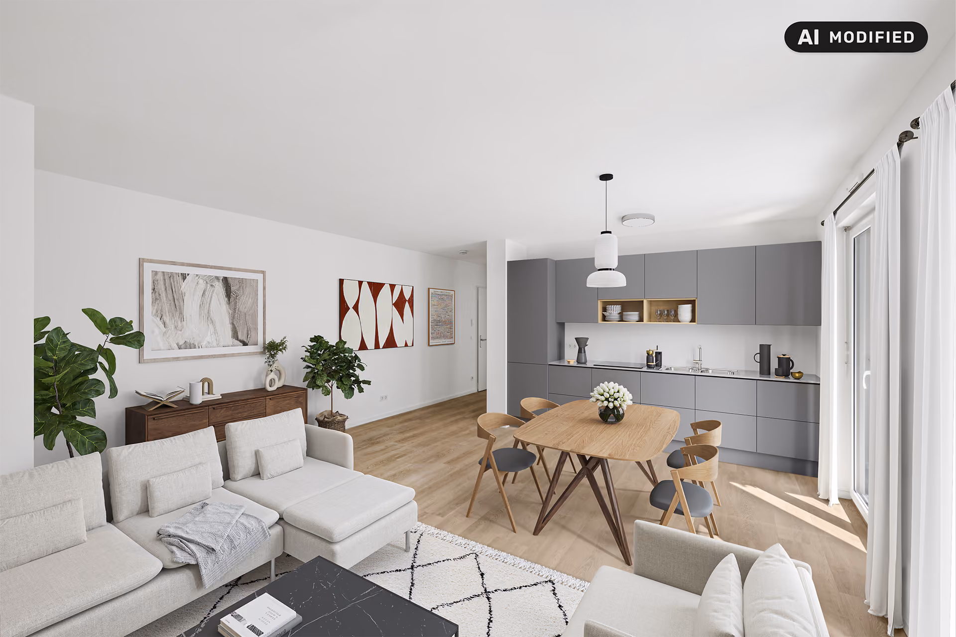 Living room after virtual staging, furnished with a sofa, dining table and plants